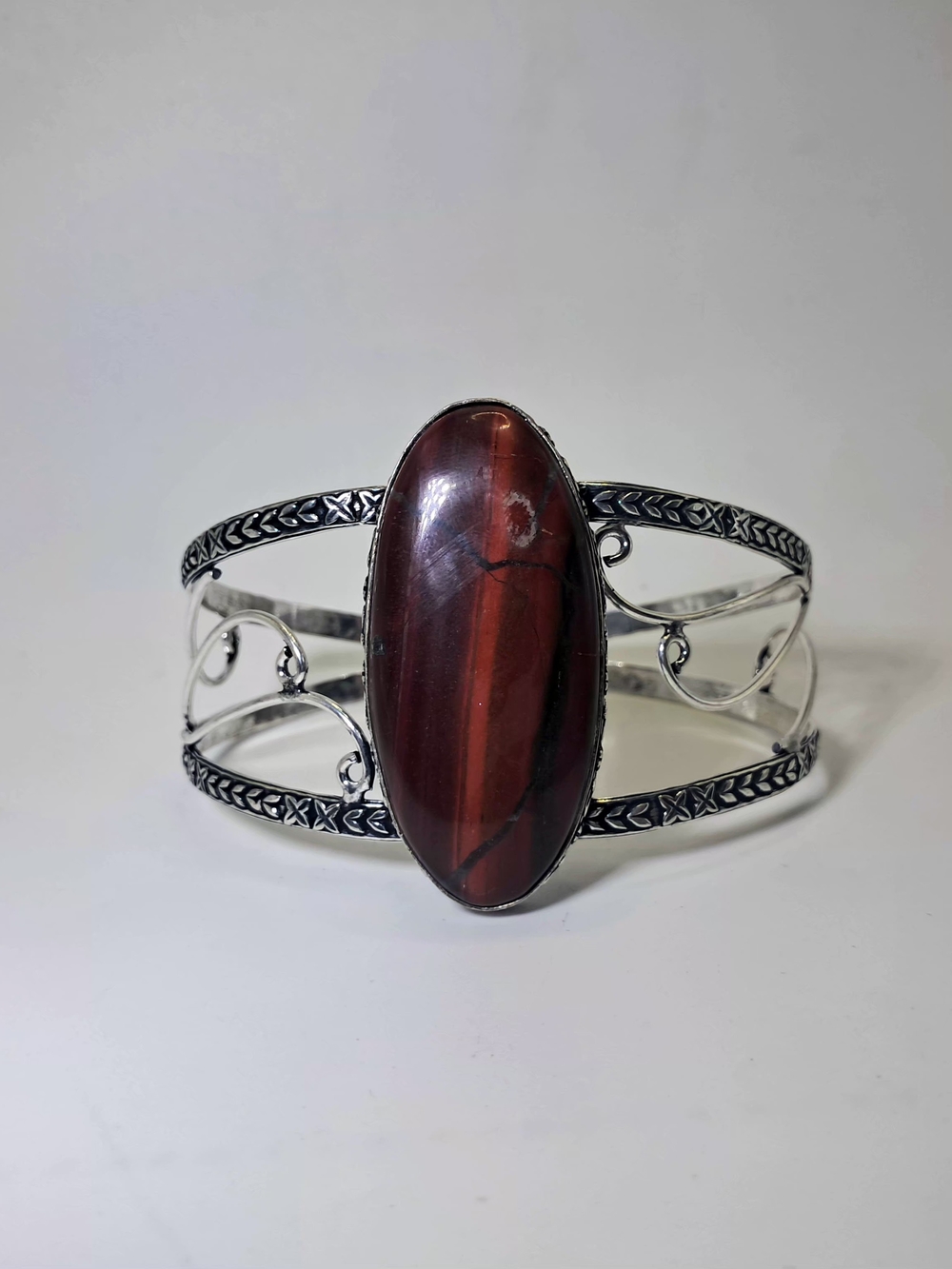 Vintage 925 Sterling Silver Red Tiger's Eye Oval Statement Cuff Bracelet - Picture 11 of 11